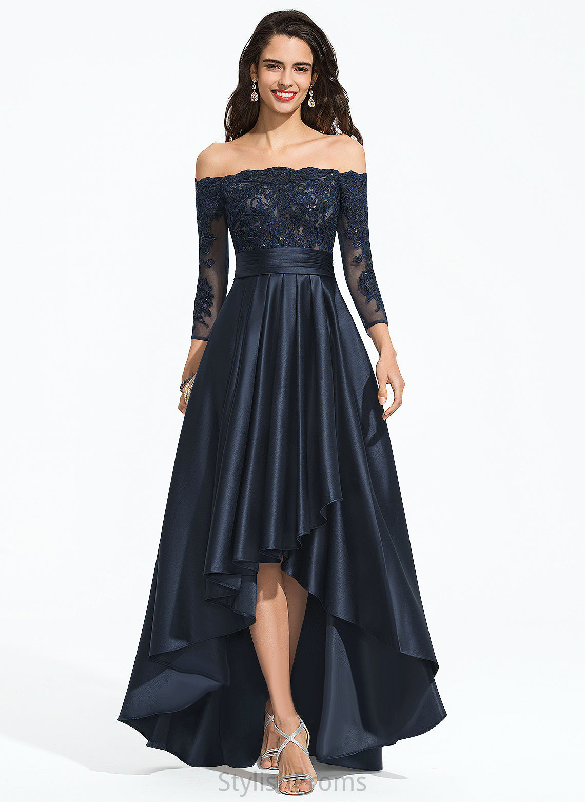 Cassandra With Asymmetrical A-Line Sequins Lace Ruffles Prom Dresses Satin Cascading Off-the-Shoulder