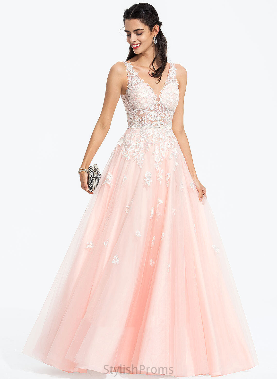 Prom Dresses Sequins Tulle V-neck With Abagail Ball-Gown/Princess Floor-Length Beading Lace