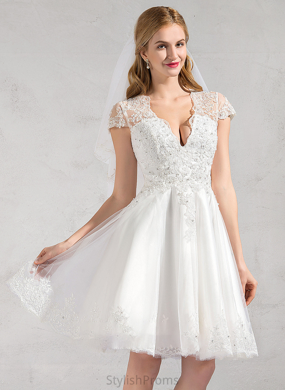 With Sequins A-Line V-neck Knee-Length Wedding Dresses Lace Lace Wedding Beading Dress Tulle Haylie Appliques