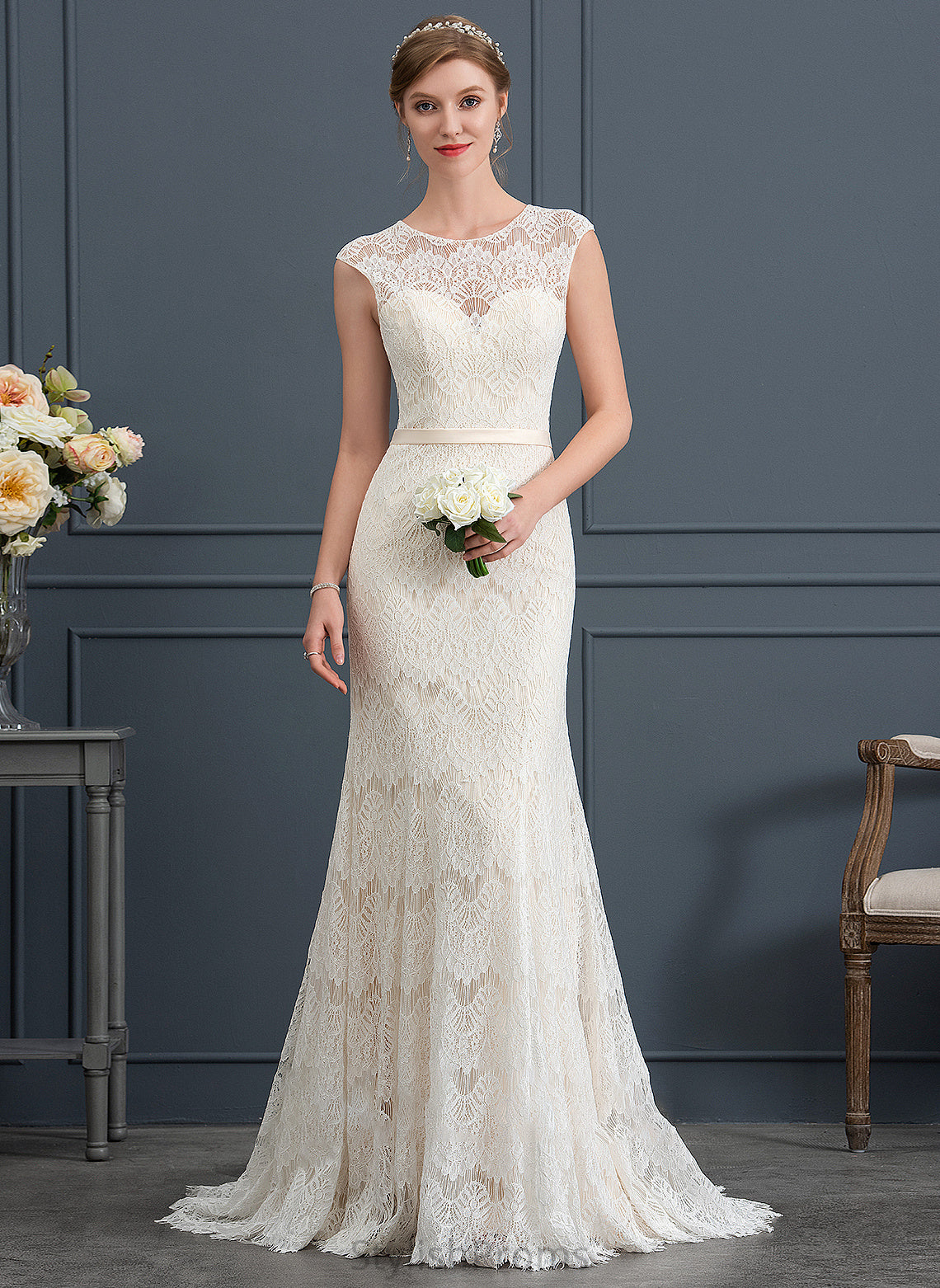 Sweep Lace Train Julia Trumpet/Mermaid Neck Wedding Dress Scoop Wedding Dresses