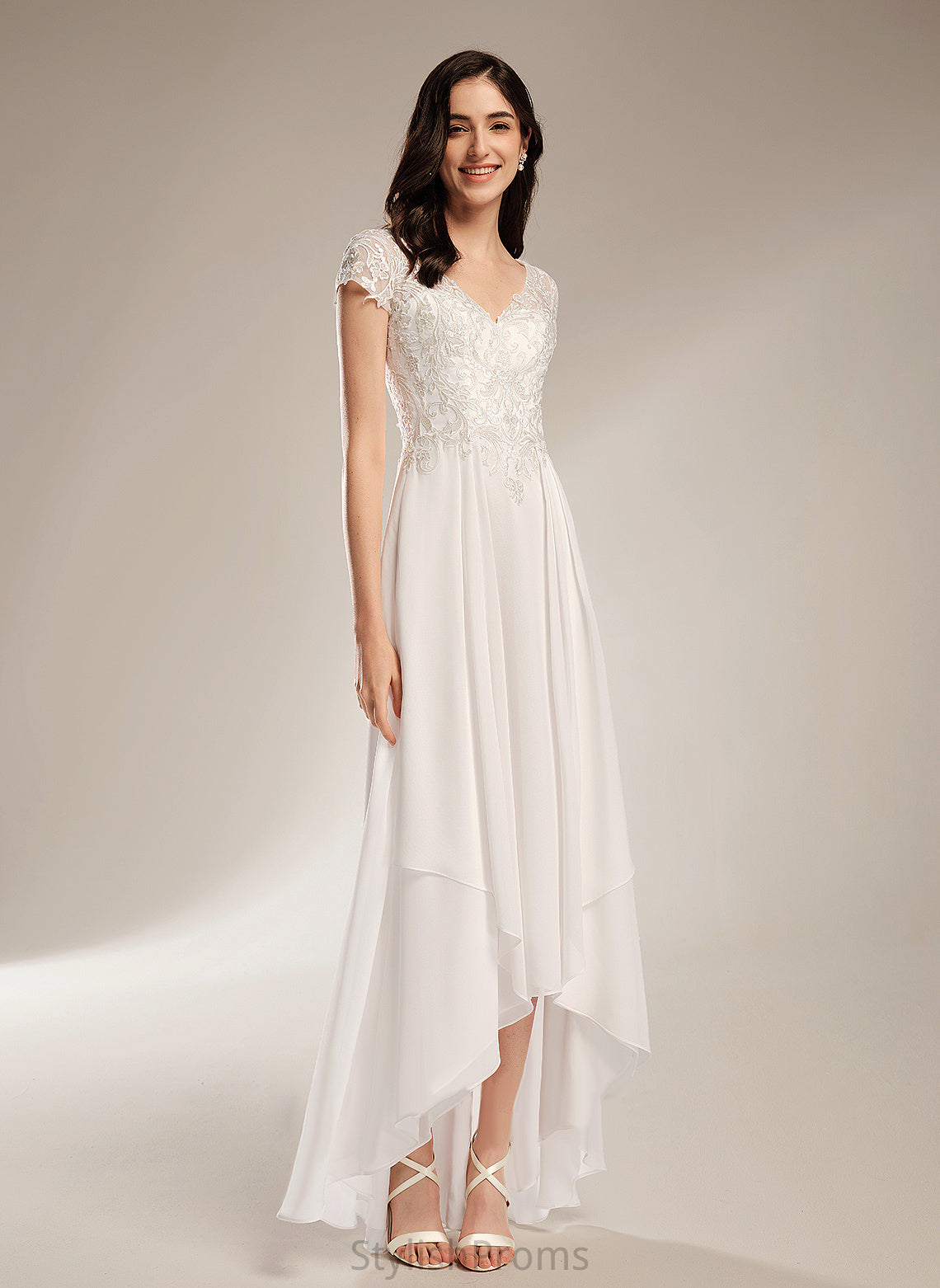 Chiffon A-Line Asymmetrical V-neck Wedding Lace Olympia Dress Wedding Dresses