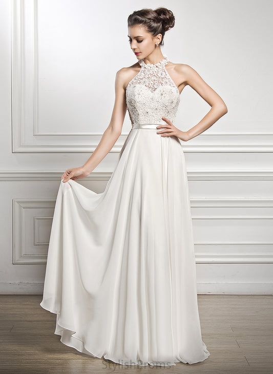 A-Line Floor-Length Chiffon Wedding Dresses Scoop Sequins Dress With Wedding Lace Piper Beading Neck