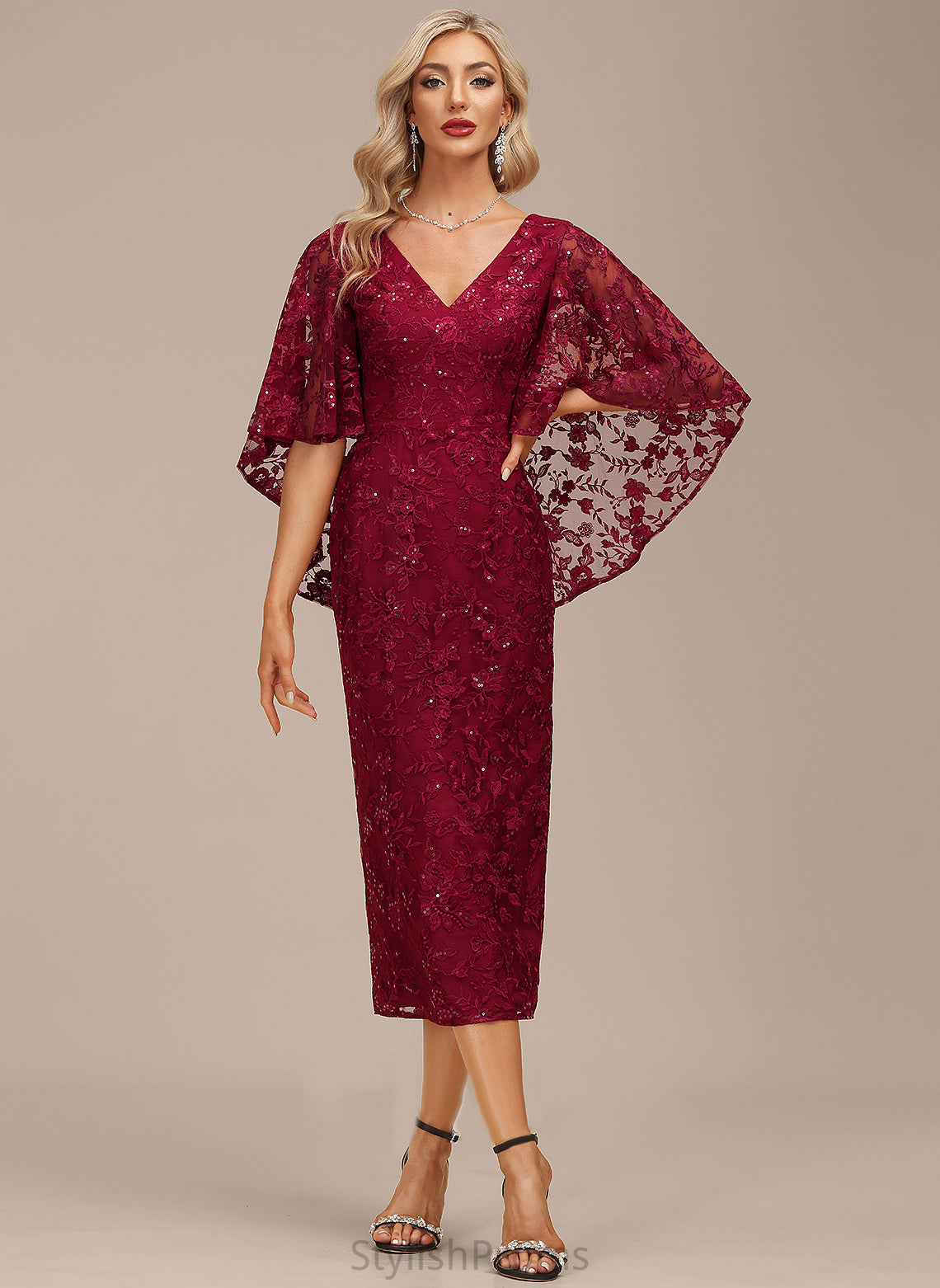 Sequins Tea-Length Sheath/Column Lorna Cocktail Dresses With Dress V-neck Cocktail Lace