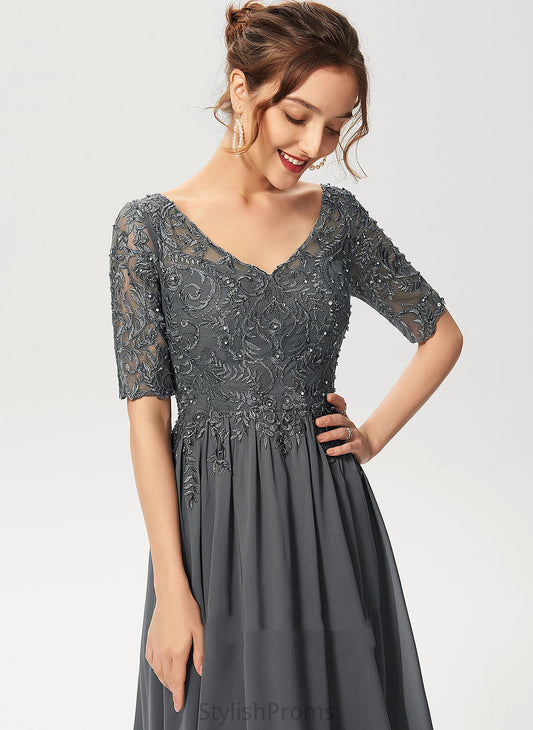 Lace V-neck With Chiffon Cocktail Annie Knee-Length Beading Dress A-Line Sequins Cocktail Dresses