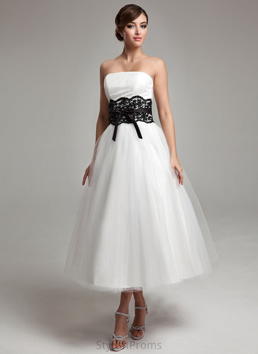 Dress With Ball-Gown/Princess Strapless Tulle Sash Beading Wedding Dresses Tea-Length Lace Bow(s) Dayanara Wedding