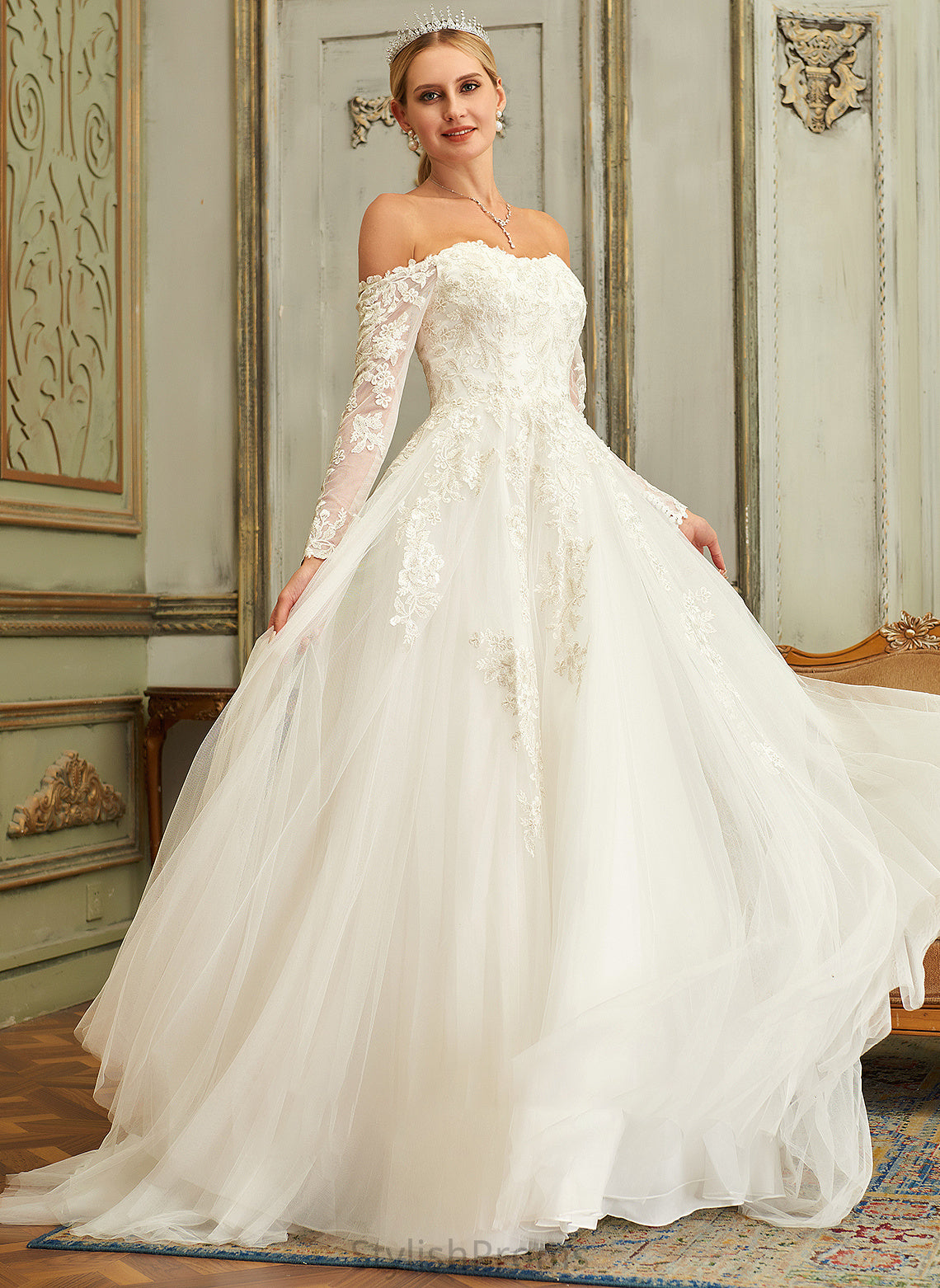 Haven Off-the-Shoulder Wedding Dresses Lace With Dress Wedding Ball-Gown/Princess Tulle Train Sweep Lace