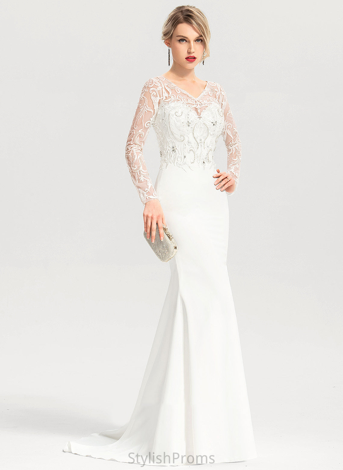 Wedding Dresses Dress Lace Train Sequins V-neck With Sweep Crepe Stretch Wedding Trumpet/Mermaid Beading Vanessa