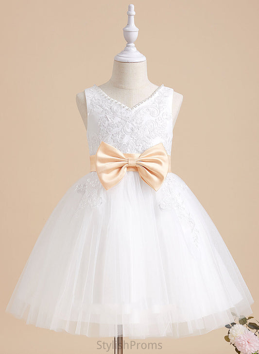 Dress A-Line Tulle/Lace - With Girl Flower Flower Girl Dresses V-neck Sash/Beading/Bow(s) Sleeveless Rosie Knee-length