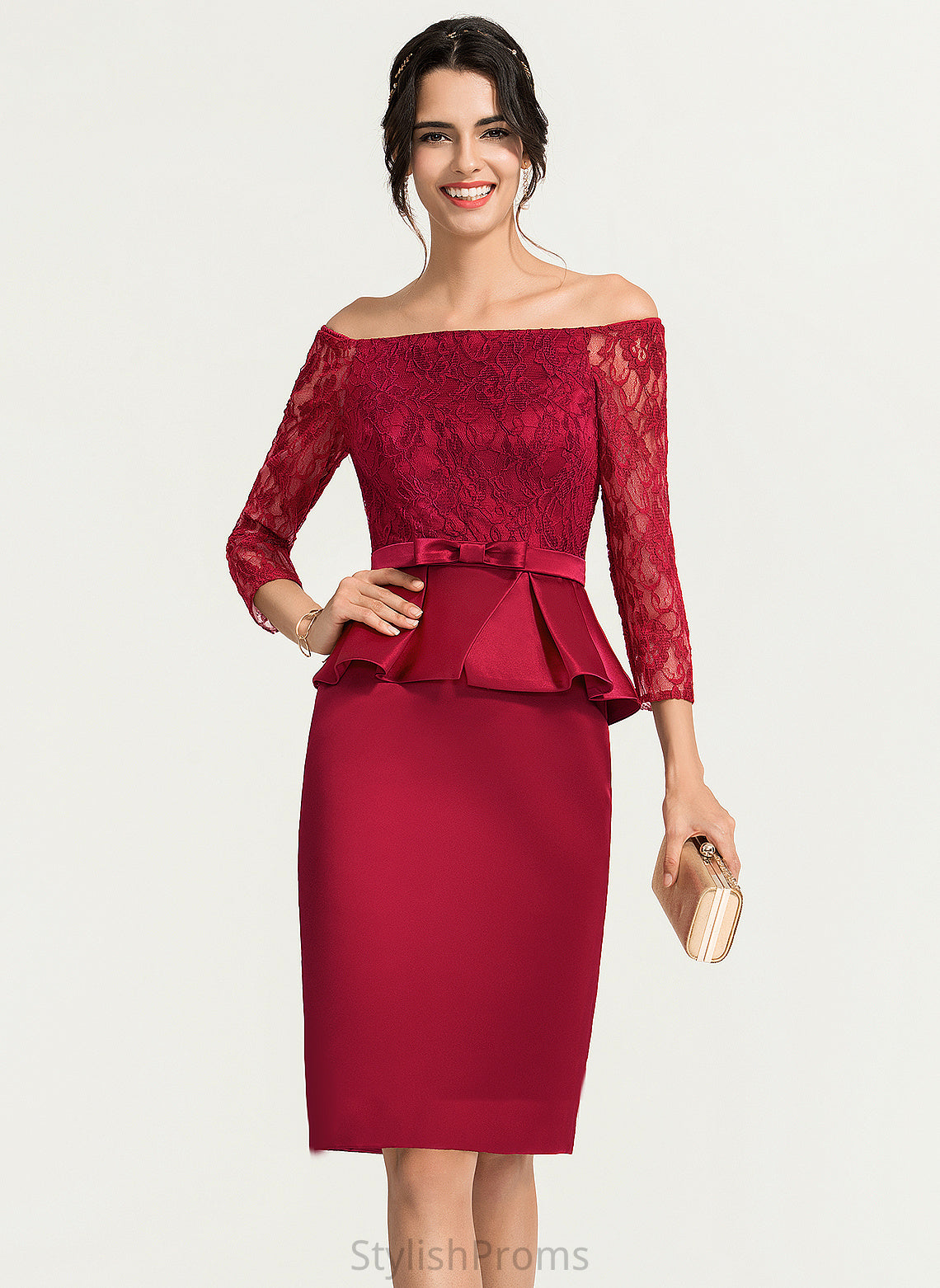 Satin Dress Sheath/Column Knee-Length Cocktail Off-the-Shoulder Cocktail Dresses Lace Eliana