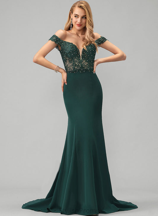 Selena Trumpet/Mermaid Sequins Stretch Off-the-Shoulder Crepe Sweep Prom Dresses Train With Beading