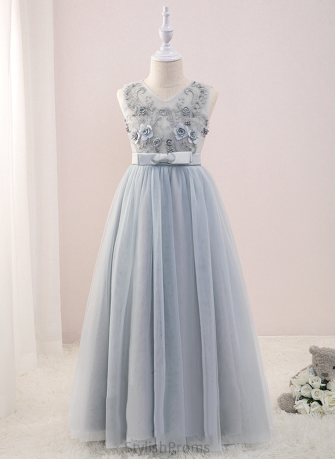 Dress Girl Tulle/Lace V-neck Sleeveless - Brynlee A-Line Flower With Flower Girl Dresses Floor-length Beading/Flower(s)