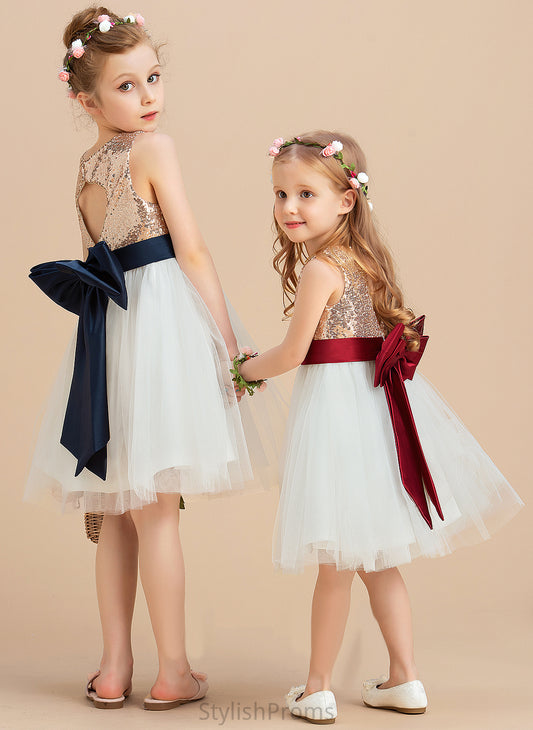 Flower Dress Amelia Sleeveless sash) Flower Girl Dresses Sequins/Bow(s) Girl Knee-length Scoop A-Line - Satin/Tulle/Sequined (Undetachable With Neck