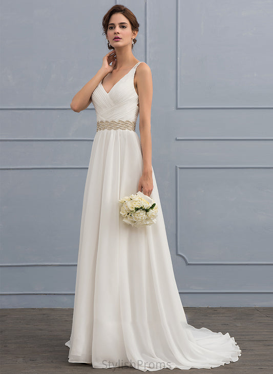 Chiffon Sequins Sweep Train Dress Wedding Beading With Linda A-Line Ruffle Wedding Dresses V-neck Lace