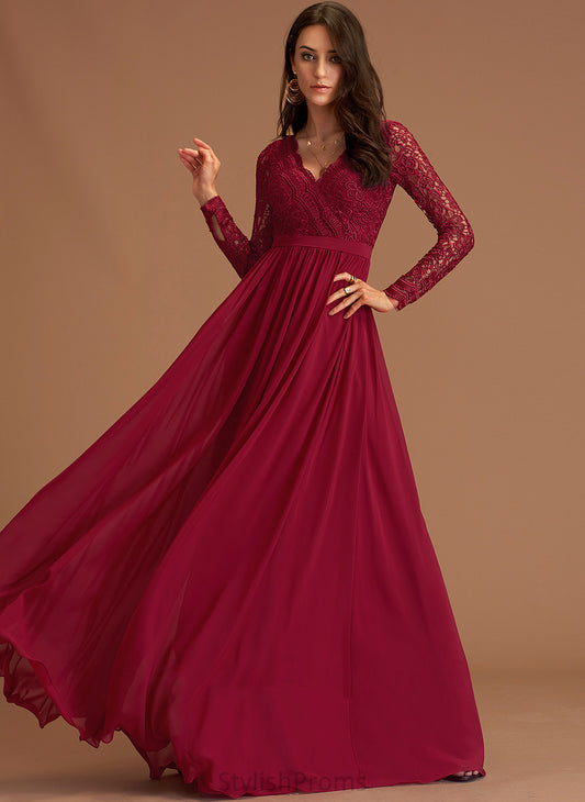 Long Francesca Chiffon Chiffon Sleeves A-line Lace Maxi Dresses V-Neck Club Dresses