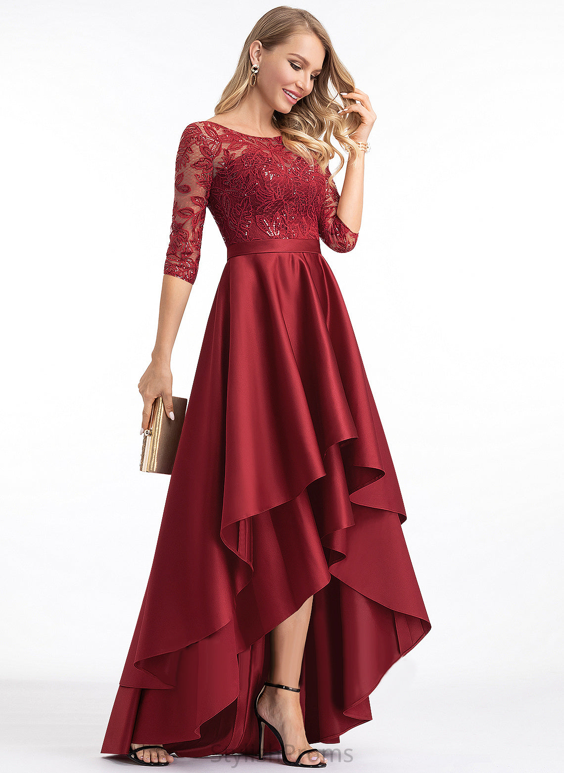 A-Line With Gill Satin Sequins Prom Dresses Lace Asymmetrical Scoop