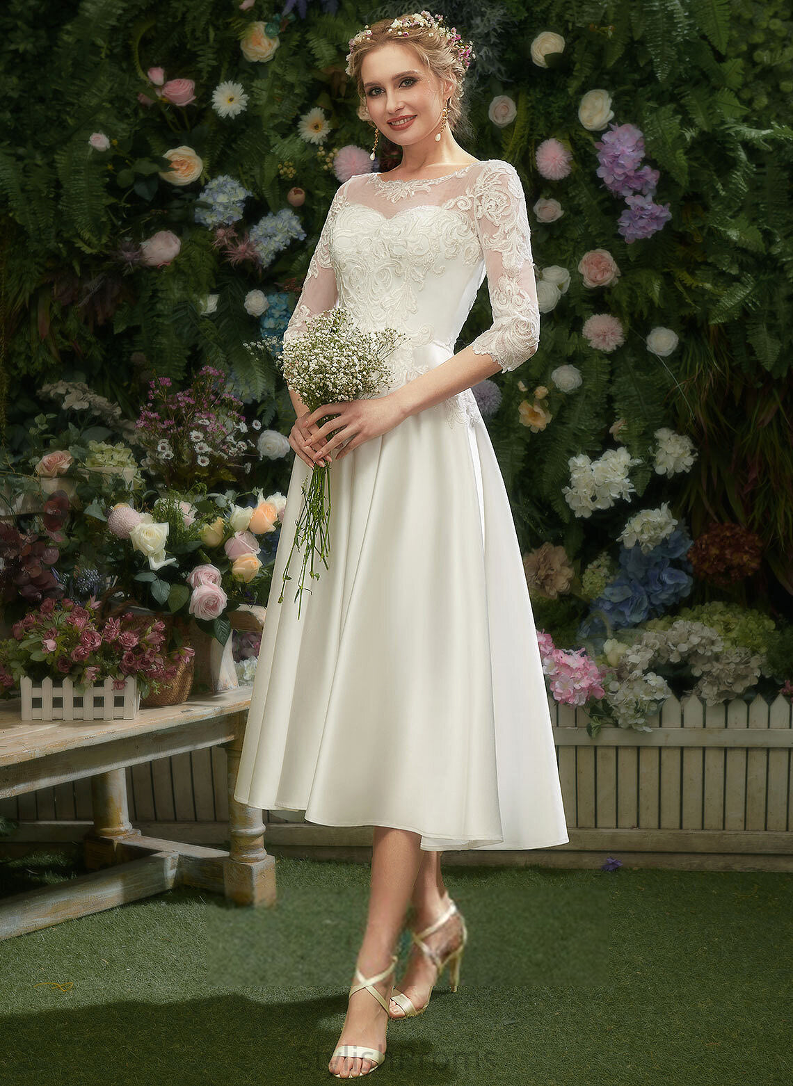 Tea-Length With Wedding A-Line Wedding Dresses Illusion Satin Dress Holly Lace