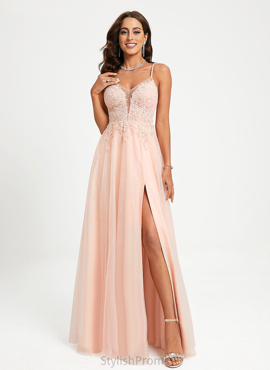 Sequins V-neck Tulle Lace Ball-Gown/Princess With Floor-Length Prom Dresses Adelyn Beading