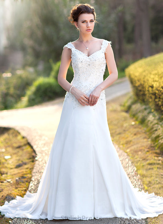 Wedding Court With A-Line Beading Train Sequins Dress Lace Regan Chiffon Wedding Dresses V-neck