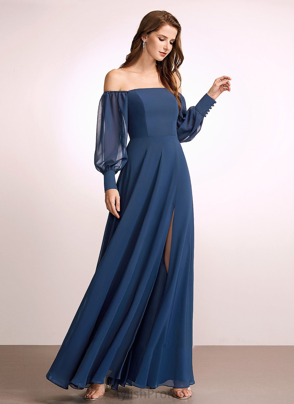 SplitFront Embellishment Length Silhouette Neckline A-Line Fabric Floor-Length Off-the-Shoulder Deborah Sleeveless Trumpet/Mermaid Bridesmaid Dresses