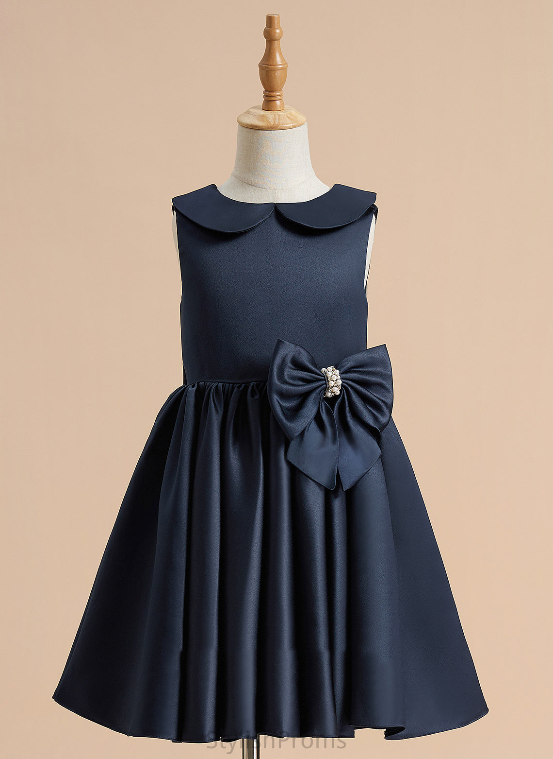 Peter Alyson Beading/Bow(s) With Girl Satin Knee-length - Flower Girl Dresses Collar A-Line Flower Pan Sleeveless Dress