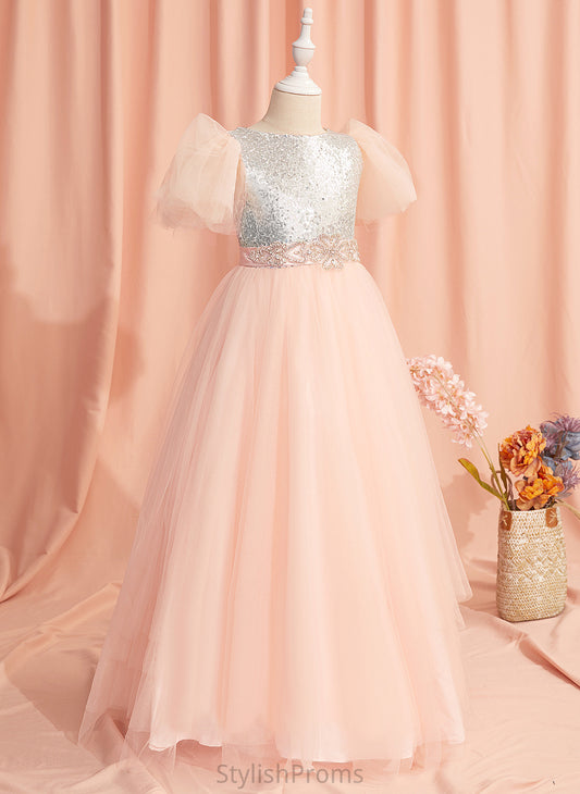 Beading/Sequins/Bow(s) Ball-Gown/Princess Flower Dress Floor-length - Ashley With Tulle/Sequined Girl Neck Flower Girl Dresses Sleeves Short Scoop