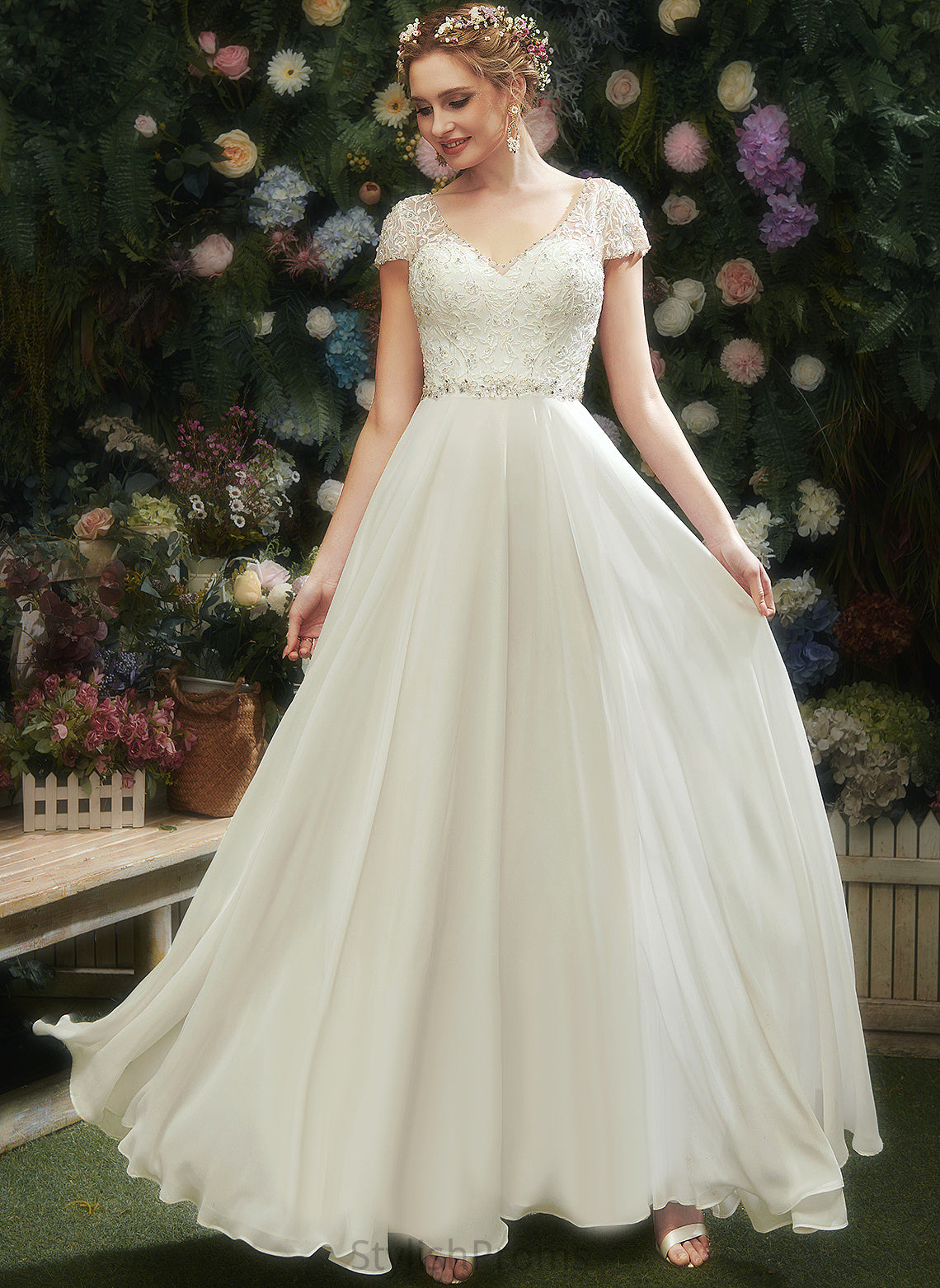 Dress Floor-Length V-neck Chiffon A-Line Sequins With Bethany Wedding Dresses Lace Wedding Beading