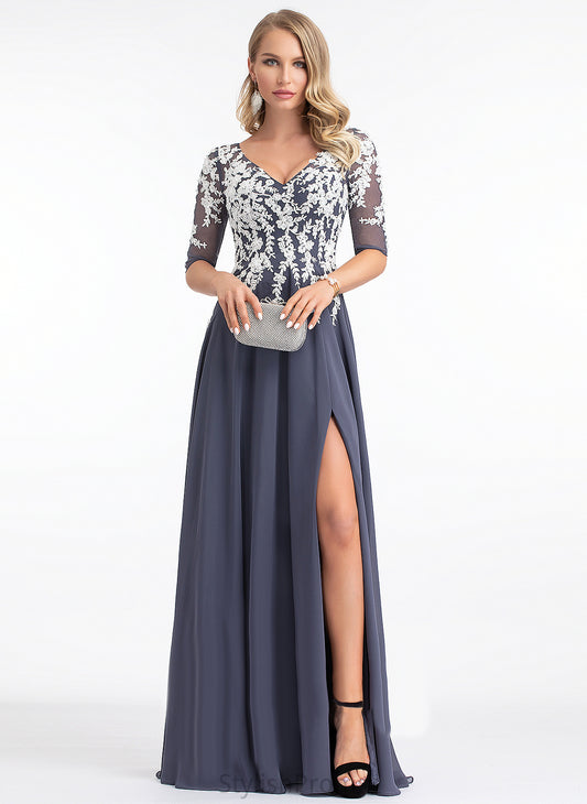 With Naomi Lace Floor-Length Chiffon Sequins A-Line V-neck Prom Dresses