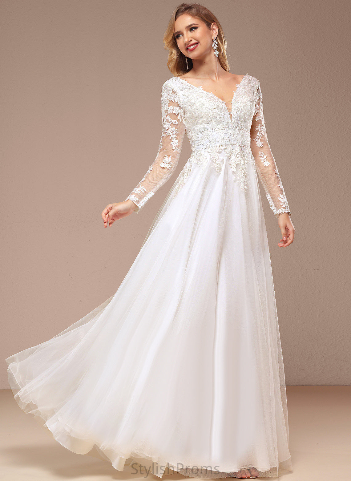 Sequins Beading Tulle Dress Floor-Length Wedding Dresses V-neck A-Line Kyra Lace Wedding With