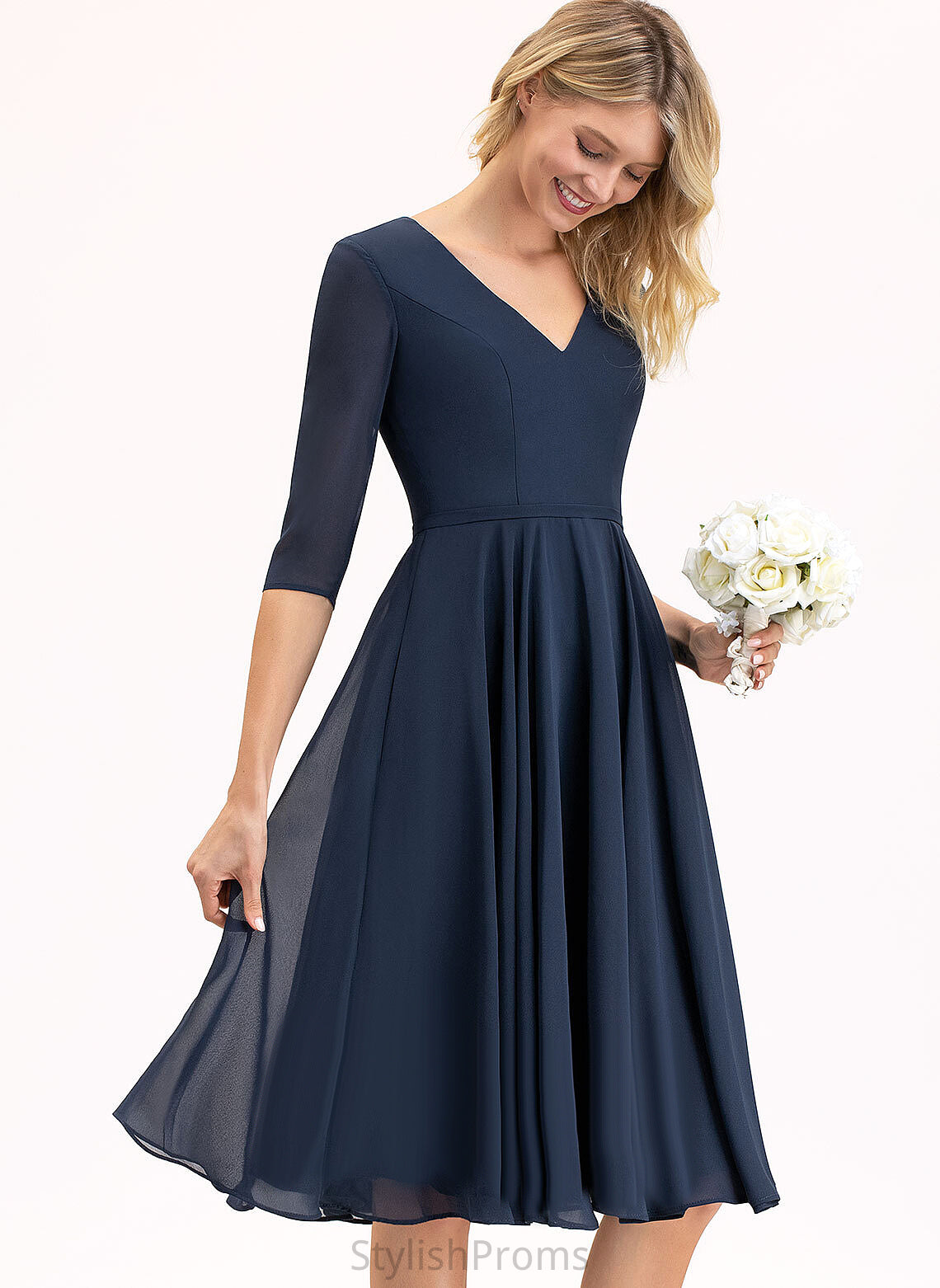 A-Line Cocktail Dresses With Tricia Cocktail V-neck Knee-Length Pockets Chiffon Dress