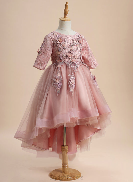 Girl Flower Scoop Ball-Gown/Princess - Sleeves Beading/Flower(s) Naomi Flower Girl Dresses 1/2 Tulle With Asymmetrical Dress Neck