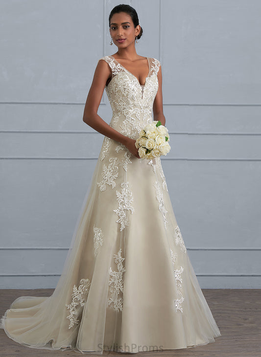 Sequins Wedding Dresses A-Line With Dress Beading Michaelia Wedding Lace Court Tulle V-neck Train