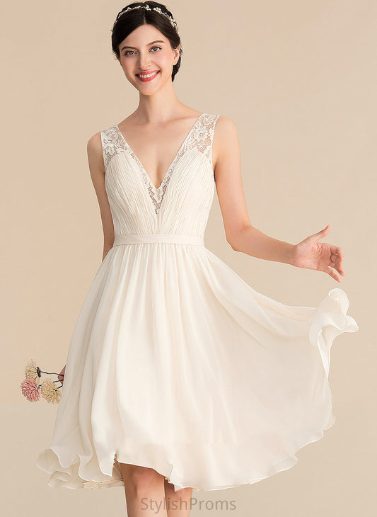 Wedding Dresses A-Line V-neck Knee-Length Lace Dress Ruffle Wedding With Chiffon Amya