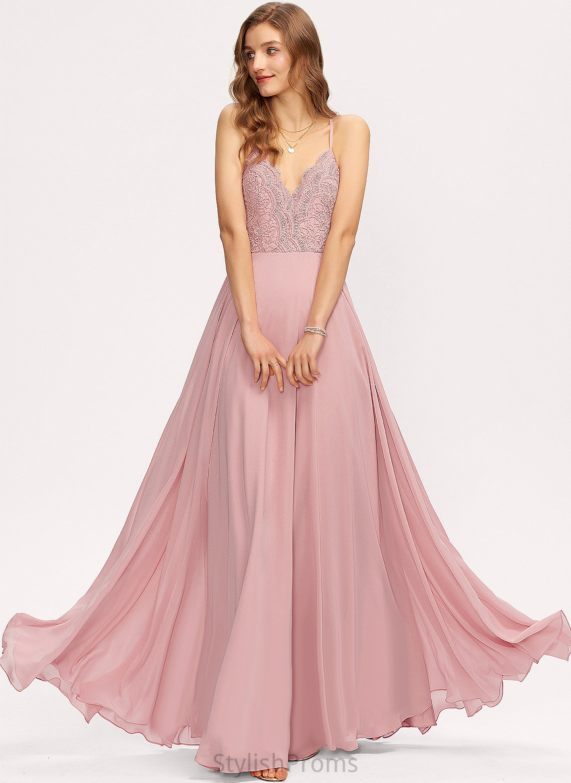 Lace Prom Dresses Chiffon Tina Floor-Length A-Line V-neck