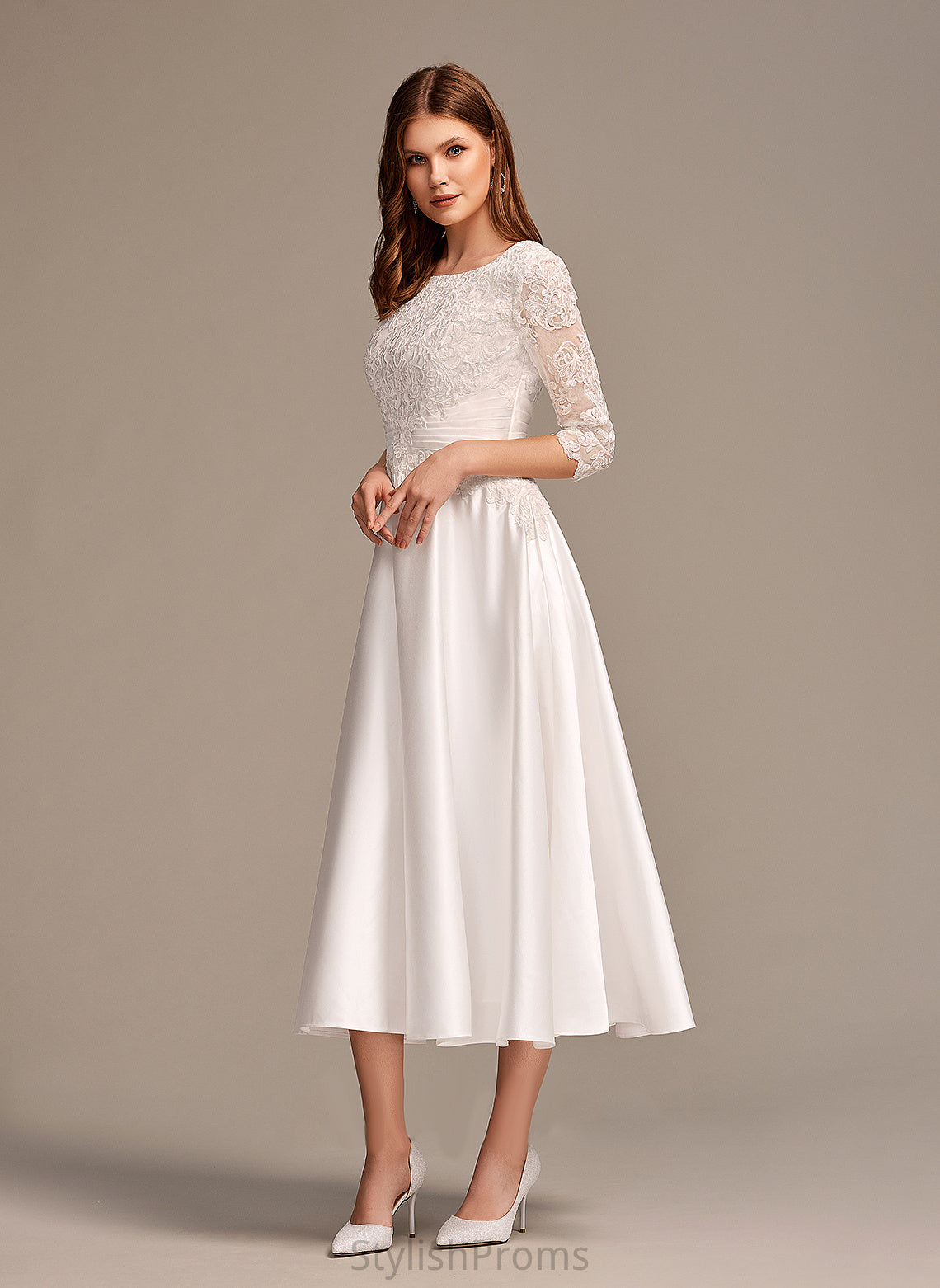 Pockets With Lace Riley Dress Satin Scoop Wedding Dresses Wedding Neck A-Line Tea-Length