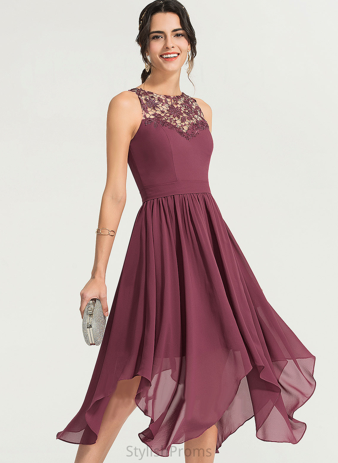 Scoop A-Line Lace Cocktail Dress Chiffon Cocktail Dresses Neck Alisa Asymmetrical