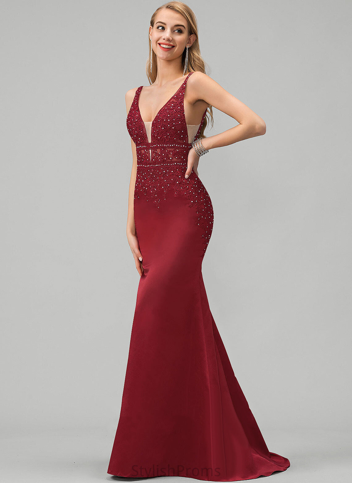 Sequins Beading Sweep Prom Dresses With Satin Katharine Trumpet/Mermaid V-neck Train