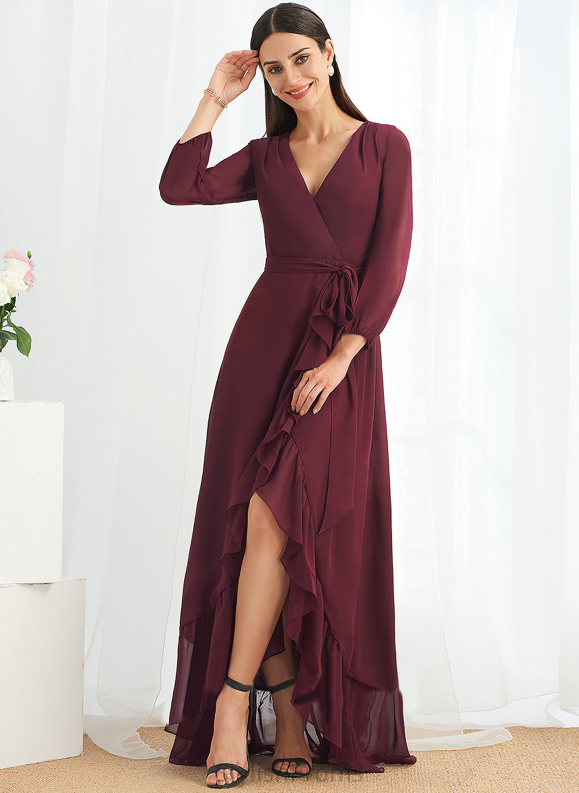 Cocktail Front Chiffon With Cocktail Dresses V-neck Greta Asymmetrical Split Ruffle A-Line Dress