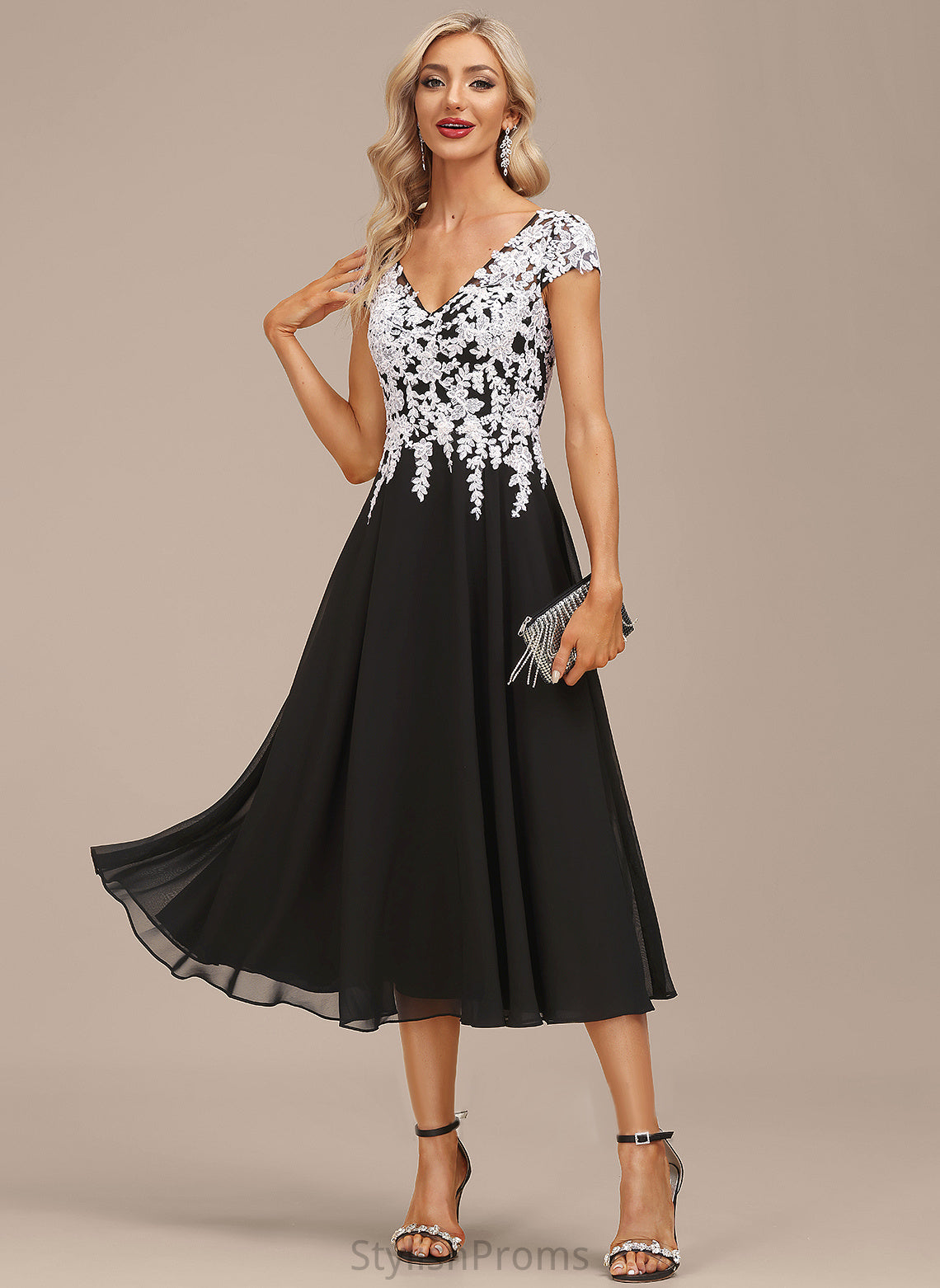 Cocktail Dresses Lace V-neck Kimberly A-Line Chiffon Cocktail Dress Tea-Length