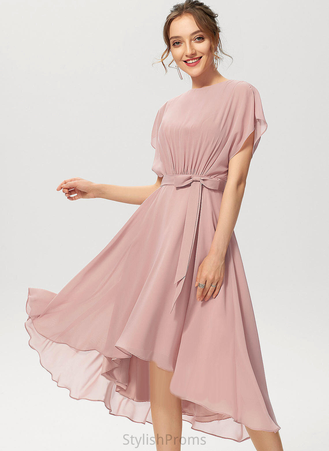 Scoop Bow(s) Chiffon Neck With Cocktail Shayla Ruffle Cocktail Dresses Asymmetrical Dress A-Line