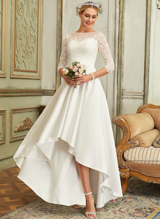 Estrella Wedding Lace Wedding Dresses Scoop Dress Neck Asymmetrical A-Line Satin