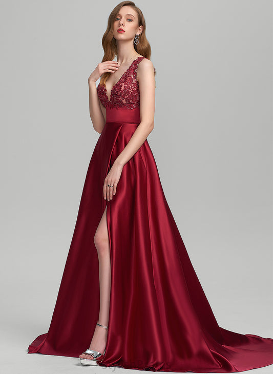 With V-neck Ball-Gown/Princess Prom Dresses Jayla Sequins Lace Train Sweep Satin