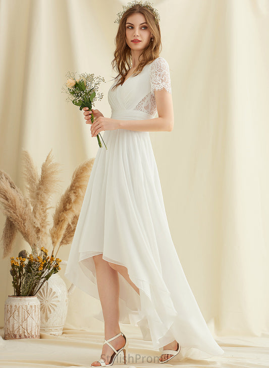 Wedding Dresses Asymmetrical Wedding V-neck Shea Dress A-Line Chiffon Lace