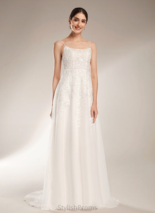 Dress Sequins Beading Tulle A-Line Lace Train Ciara Neckline With Wedding Court Square Wedding Dresses