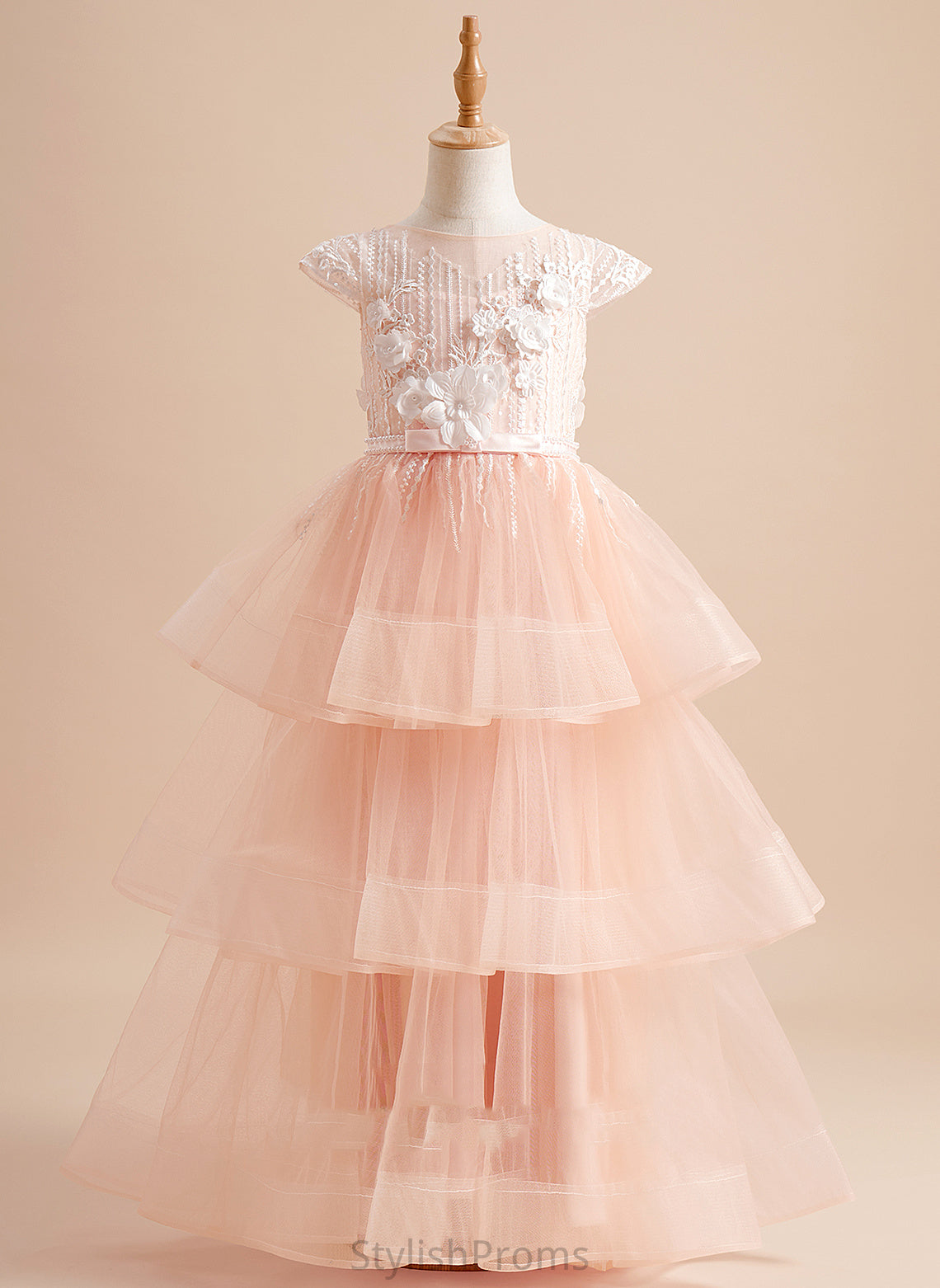 Jenna Flower Girl Dresses Ball-Gown/Princess Girl Neck - Short Dress Flower Floor-length Scoop Sleeves Tulle Beading/Flower(s)/Bow(s) With