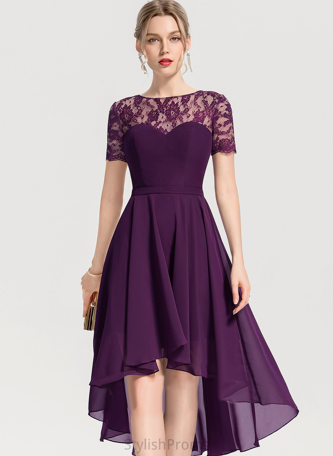 Karsyn Scoop Neck Dress Lace With Chiffon Cocktail Asymmetrical A-Line Cocktail Dresses Lace