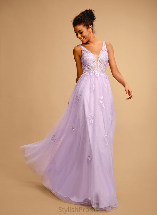 Tulle V-neck Ball-Gown/Princess Prom Dresses Lace Helga Floor-Length