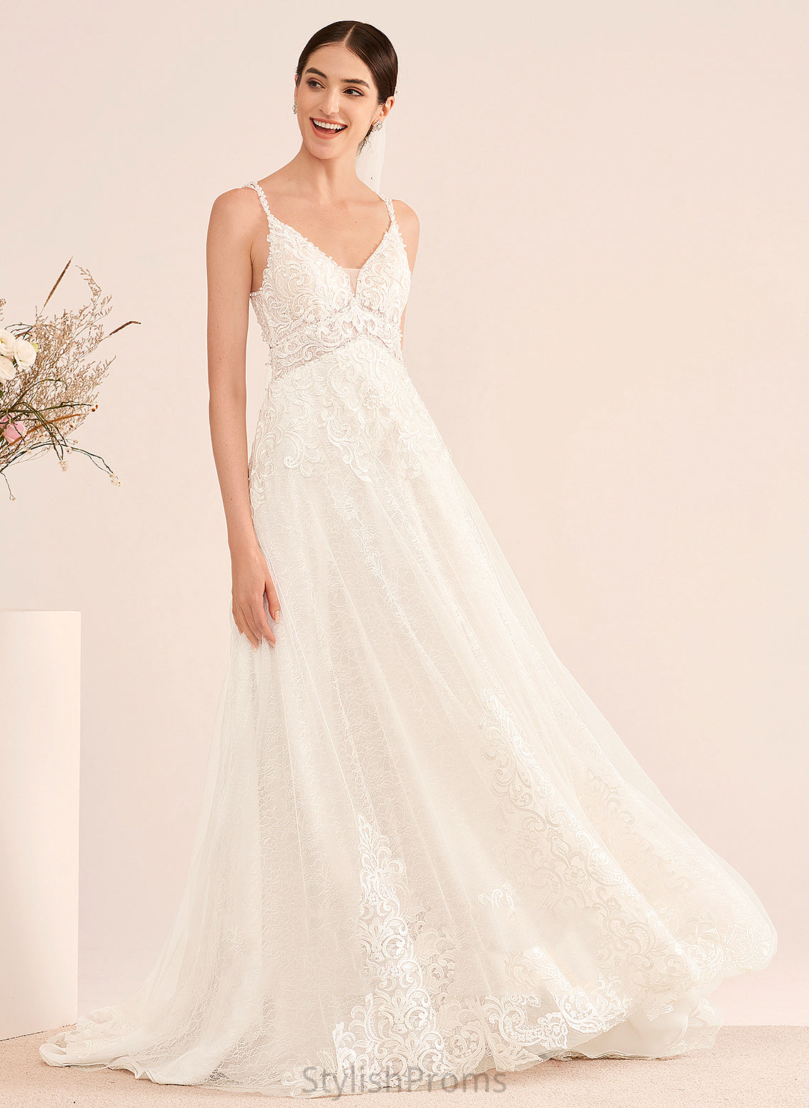 Ava Court Dress Wedding Dresses A-Line With Train Tulle Beading Lace V-neck Wedding