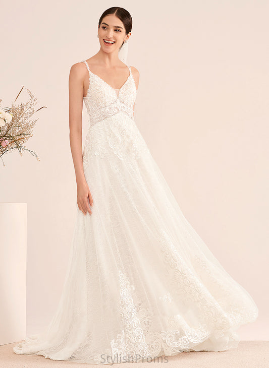 Ava Court Dress Wedding Dresses A-Line With Train Tulle Beading Lace V-neck Wedding