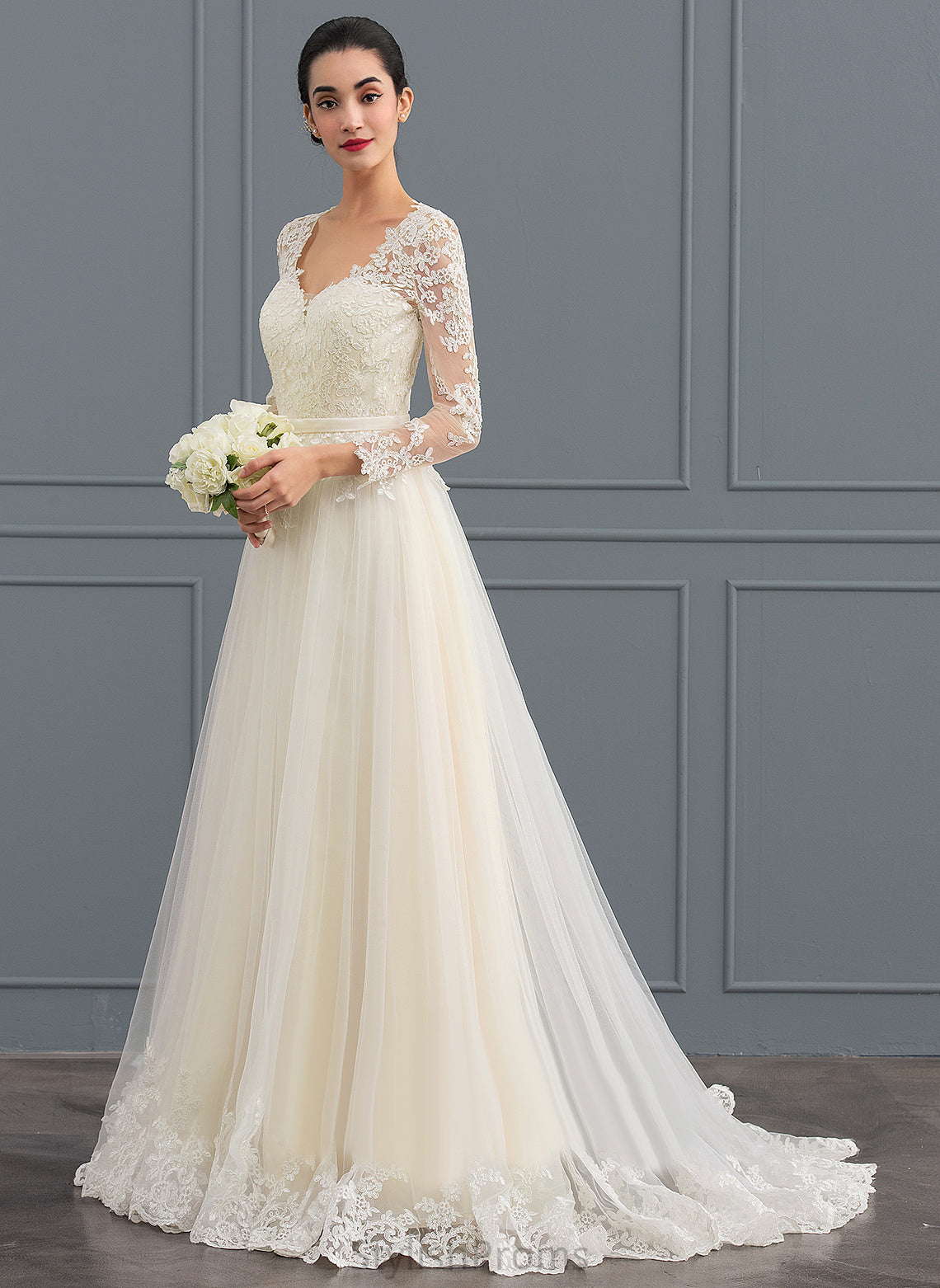 Zoie Train Ball-Gown/Princess Sweep Dress Wedding Lace V-neck Tulle Wedding Dresses