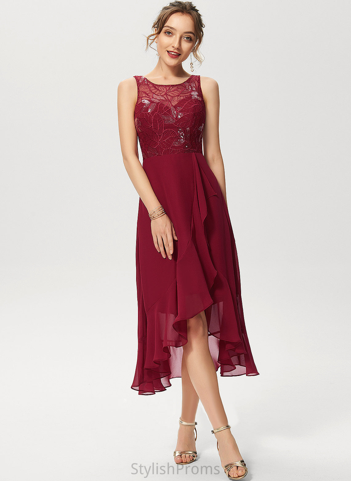 Chiffon Lillianna Sequins Asymmetrical Cocktail A-Line With Ruffles Neck Dress Scoop Lace Cascading Cocktail Dresses